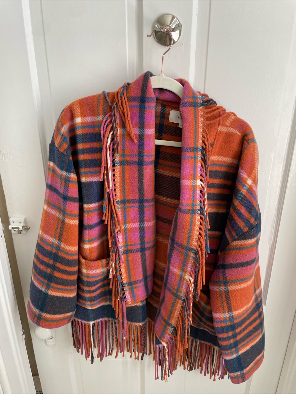 Xirena plaid wool fringe coat
